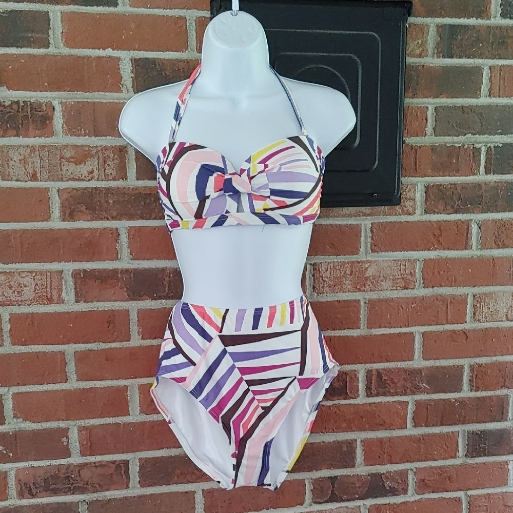 Kate Spade Geobrella 2 PC  Multicolor High Waisted Swimsuit Size L